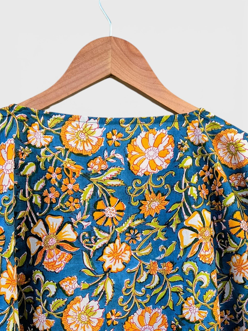 Hand Block Printed Cotton Kaftan – Teal Blue Floral with Mustard Accents | Indian Cotton Kaftan Dress, Boho Resort Wear & Beach Cover Up