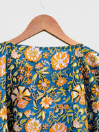 Hand Block Printed Cotton Kaftan – Teal Blue Floral with Mustard Accents | Indian Cotton Kaftan Dress, Boho Resort Wear & Beach Cover Up