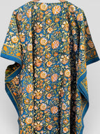 Hand Block Printed Cotton Kaftan – Teal Blue Floral with Mustard Accents | Indian Cotton Kaftan Dress, Boho Resort Wear & Beach Cover Up