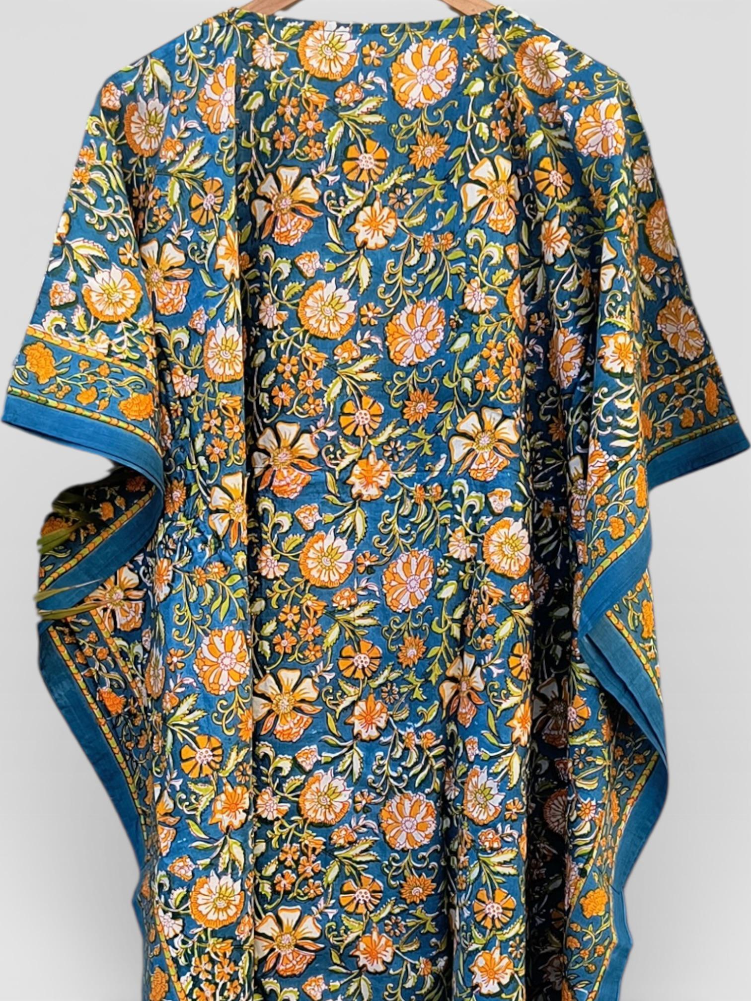Hand Block Printed Cotton Kaftan – Teal Blue Floral with Mustard Accents | Indian Cotton Kaftan Dress, Boho Resort Wear & Beach Cover Up