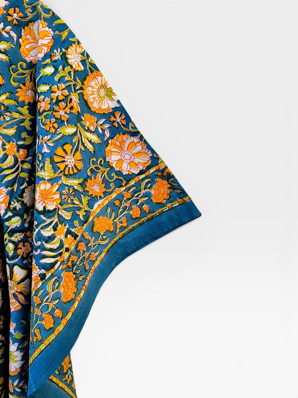 Hand Block Printed Cotton Kaftan – Teal Blue Floral with Mustard Accents | Indian Cotton Kaftan Dress, Boho Resort Wear & Beach Cover Up