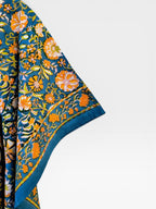 Hand Block Printed Cotton Kaftan – Teal Blue Floral with Mustard Accents | Indian Cotton Kaftan Dress, Boho Resort Wear & Beach Cover Up