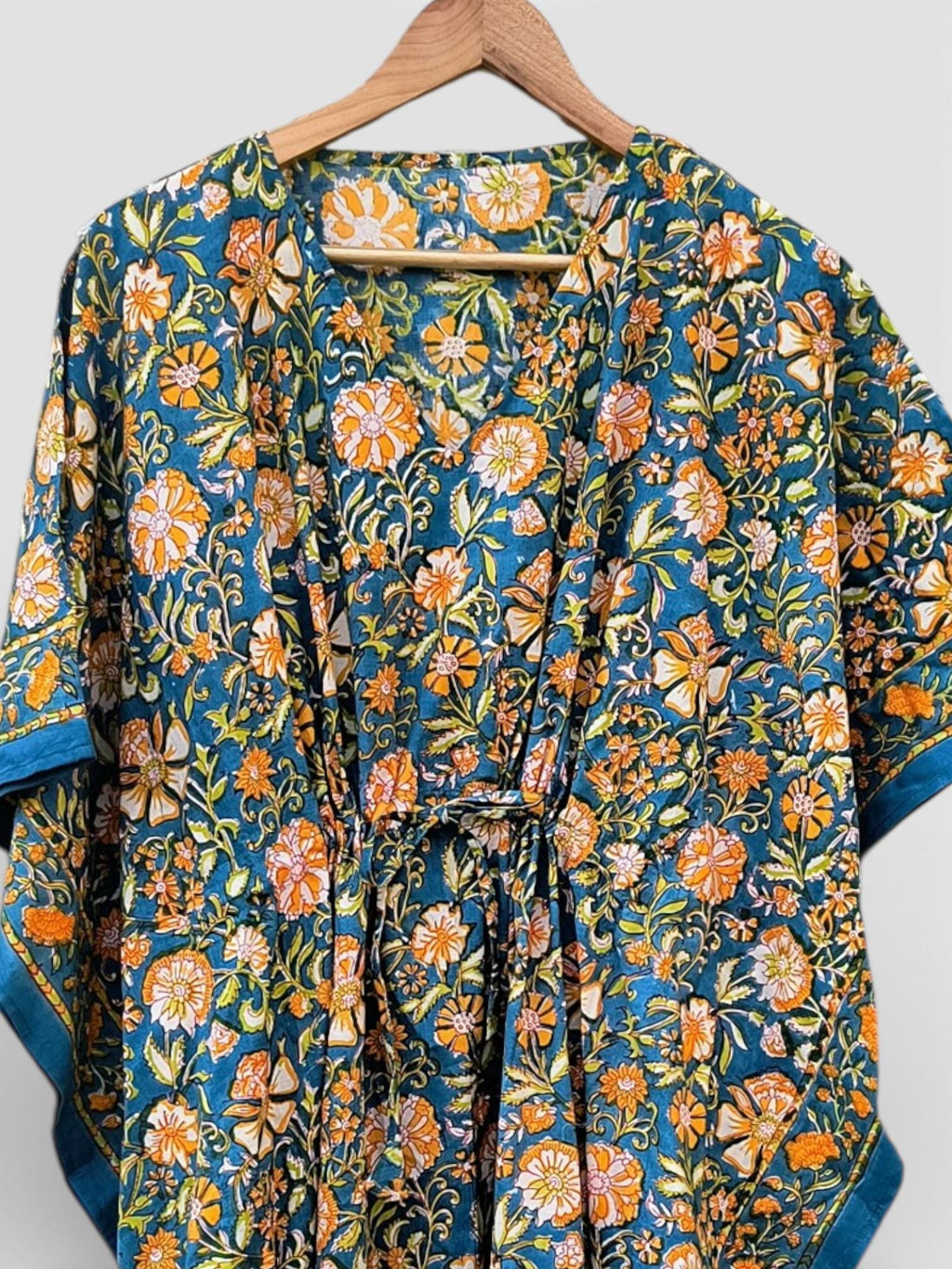 Hand Block Printed Cotton Kaftan – Teal Blue Floral with Mustard Accents | Indian Cotton Kaftan Dress, Boho Resort Wear & Beach Cover Up
