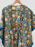 Hand Block Printed Cotton Kaftan – Teal Blue Floral with Mustard Accents | Indian Cotton Kaftan Dress, Boho Resort Wear & Beach Cover Up