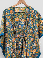 Hand Block Printed Cotton Kaftan – Teal Blue Floral with Mustard Accents | Indian Cotton Kaftan Dress, Boho Resort Wear & Beach Cover Up