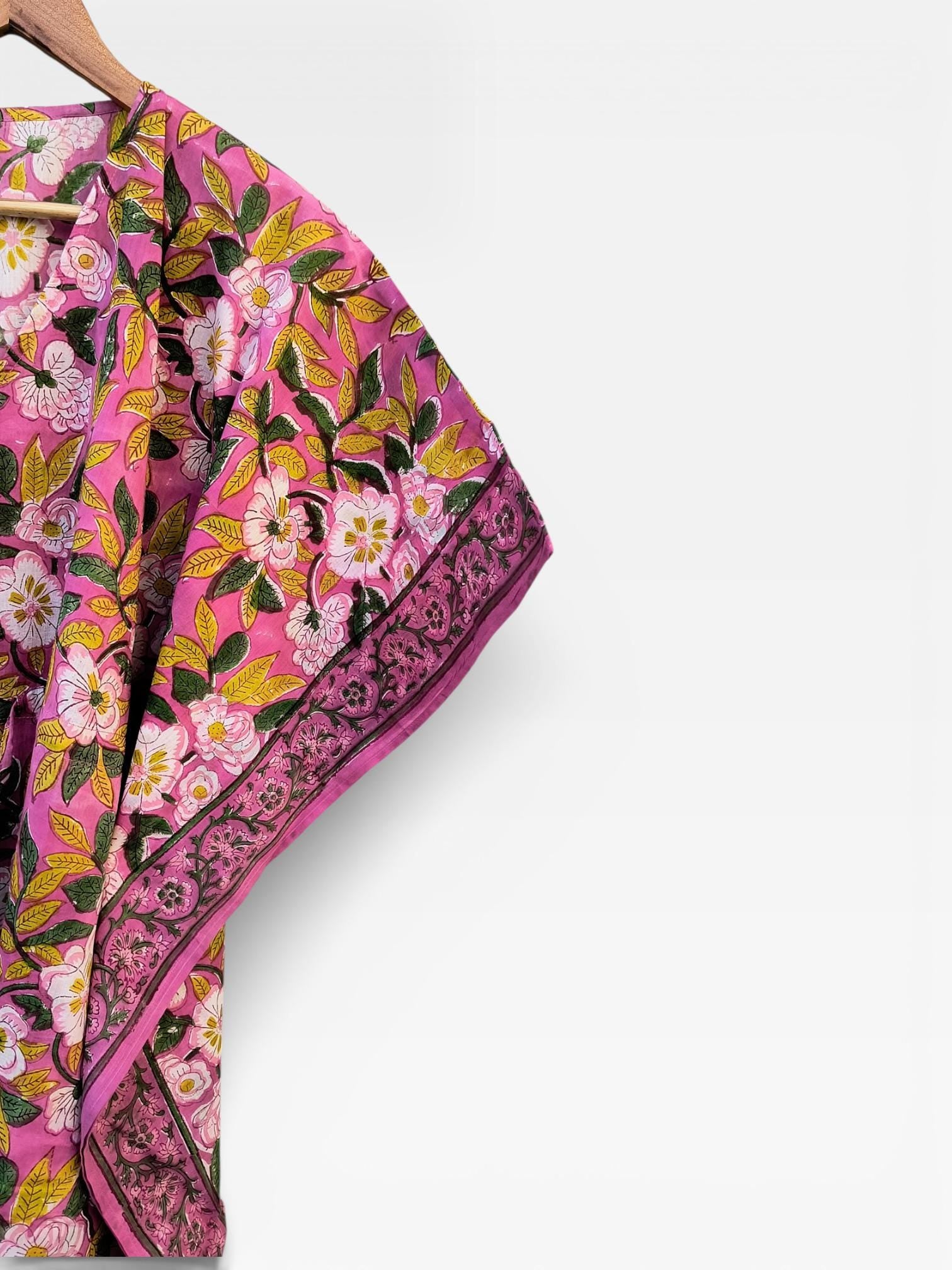Hand Block Printed Cotton Kaftan Dress – Pink Floral Boho Kaftan with Drawstring Waist | Indian Summer Dress, Beach & Resort Wear