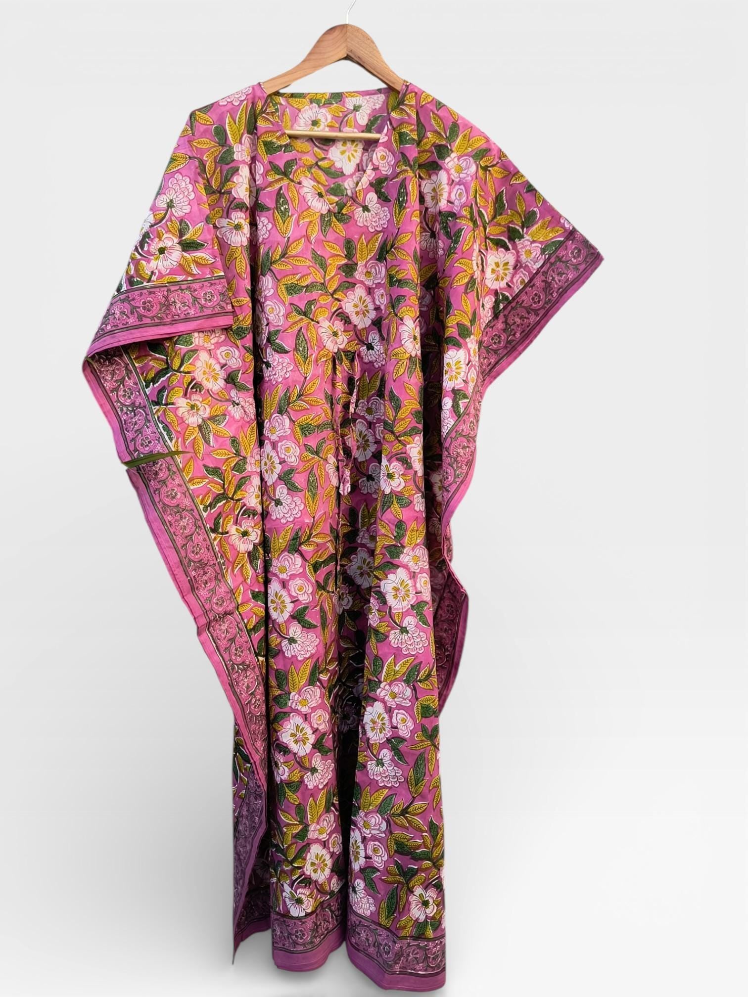 Hand Block Printed Cotton Kaftan Dress – Pink Floral Boho Kaftan with Drawstring Waist | Indian Summer Dress, Beach & Resort Wear
