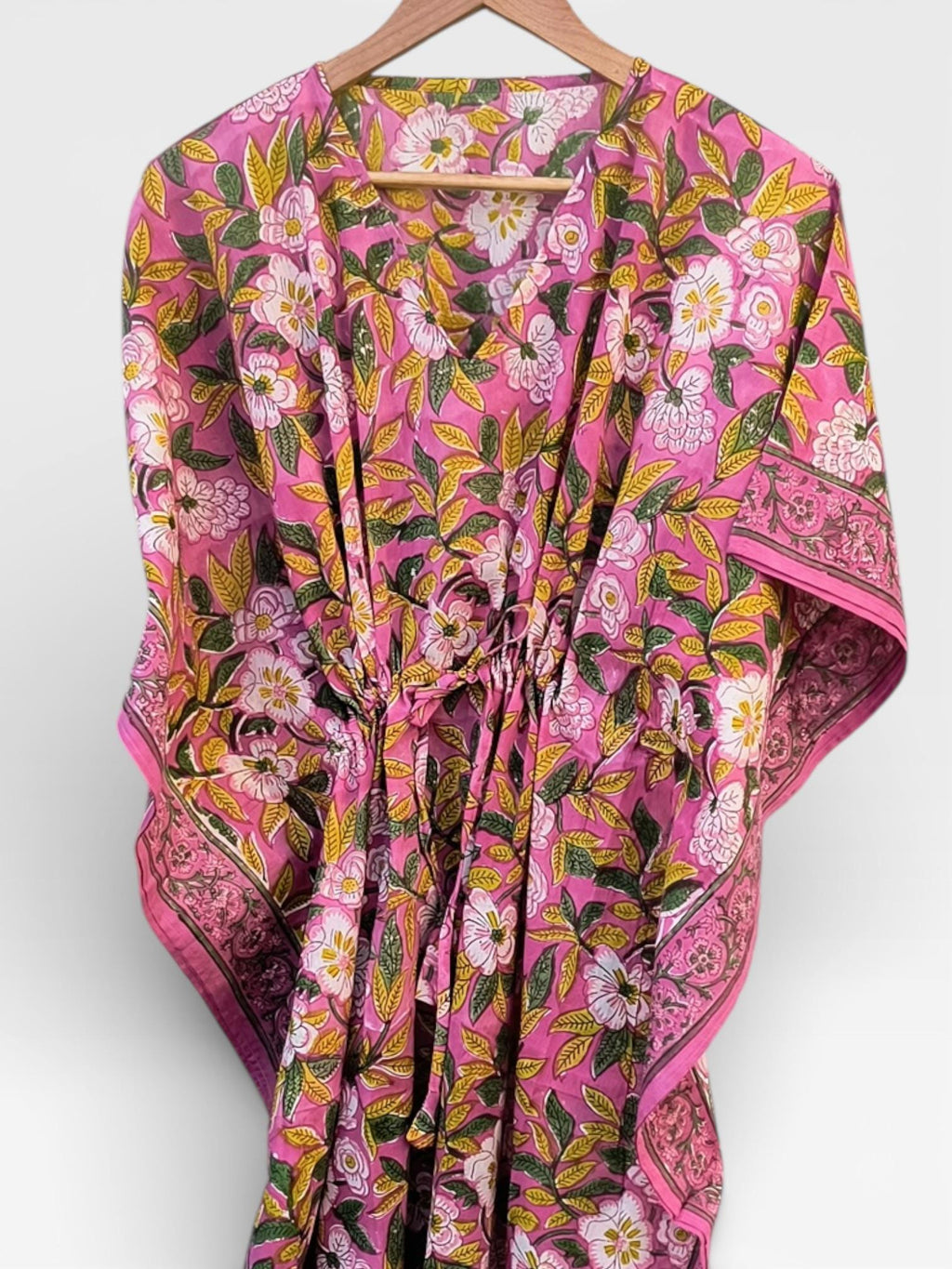 Hand Block Printed Cotton Kaftan Dress – Pink Floral Boho Kaftan with Drawstring Waist | Indian Summer Dress, Beach & Resort Wear