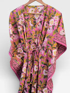Hand Block Printed Cotton Kaftan Dress – Pink Floral Boho Kaftan with Drawstring Waist | Indian Summer Dress, Beach & Resort Wear