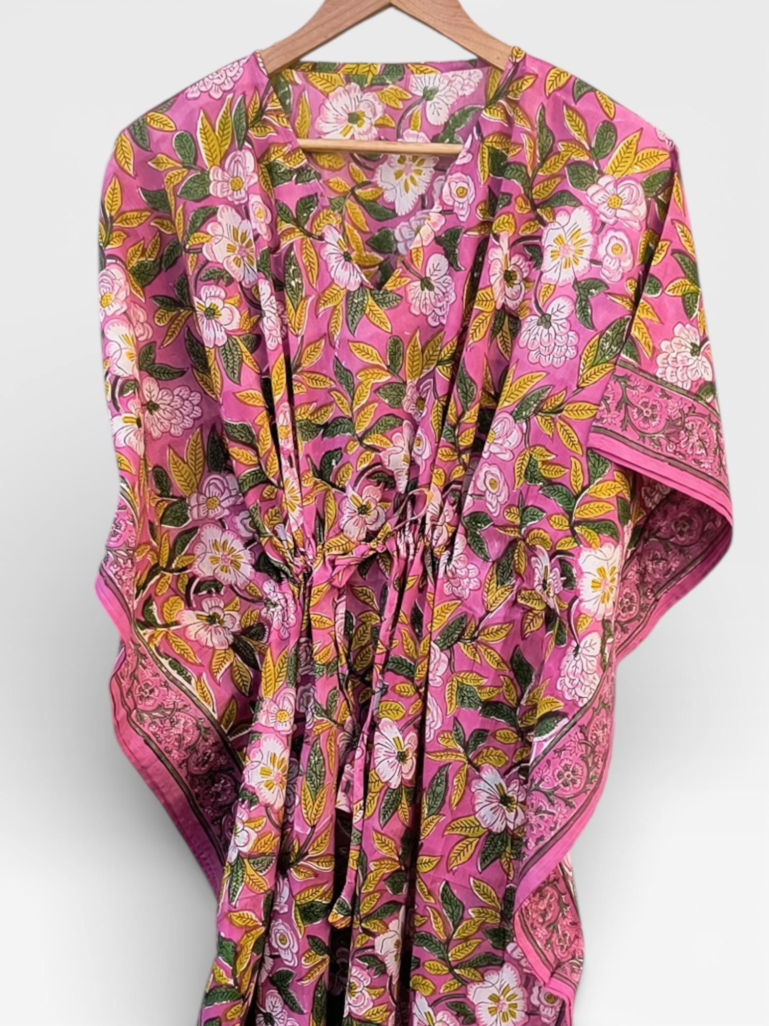 Hand Block Printed Cotton Kaftan Dress – Pink Floral Boho Kaftan with Drawstring Waist | Indian Summer Dress, Beach & Resort Wear