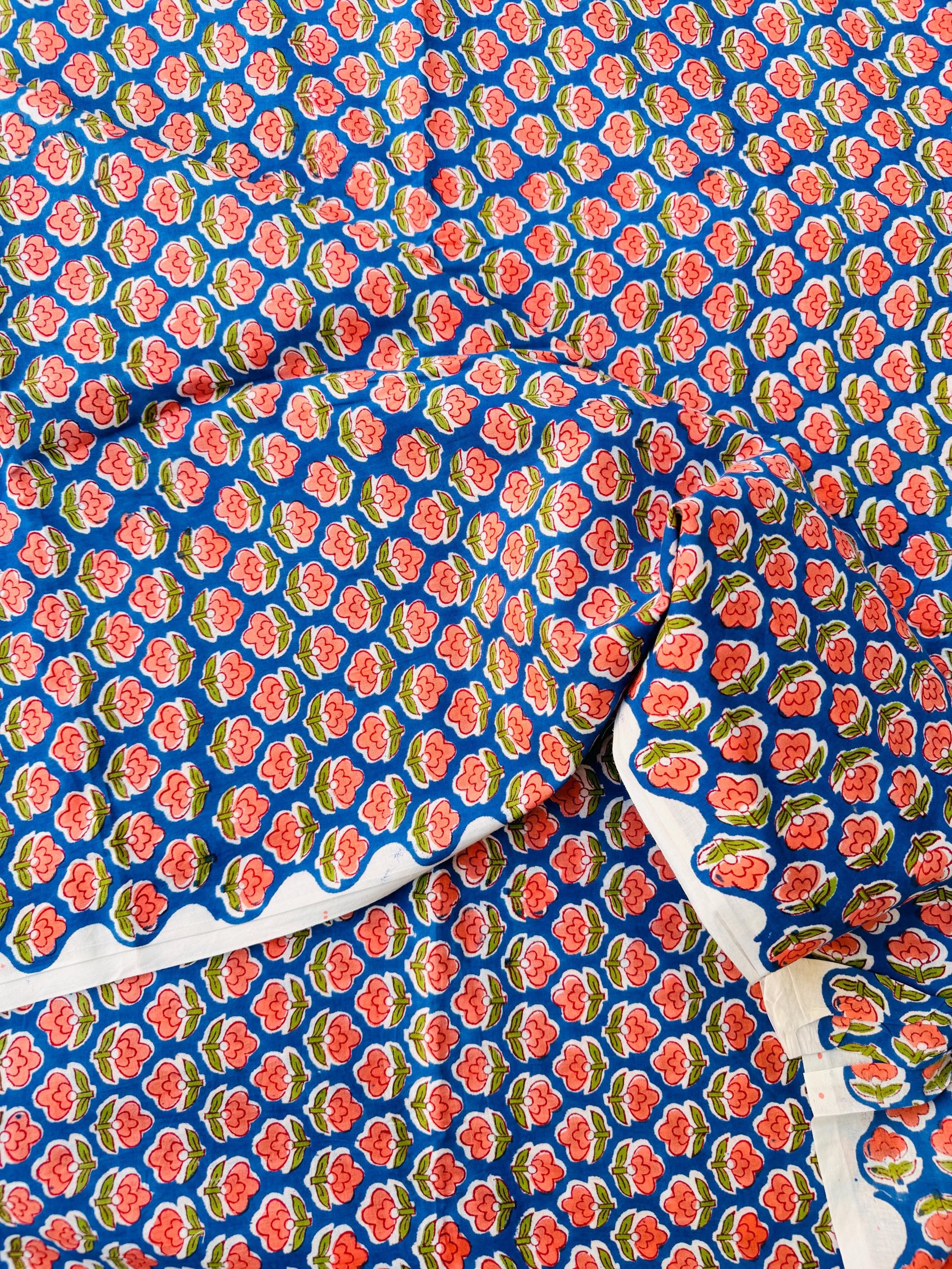 Hand Block Print Cotton Running Fabric, Natural Dye Fabric by the Yard, Handmade Indian Textile, Sewing Craft Fabric