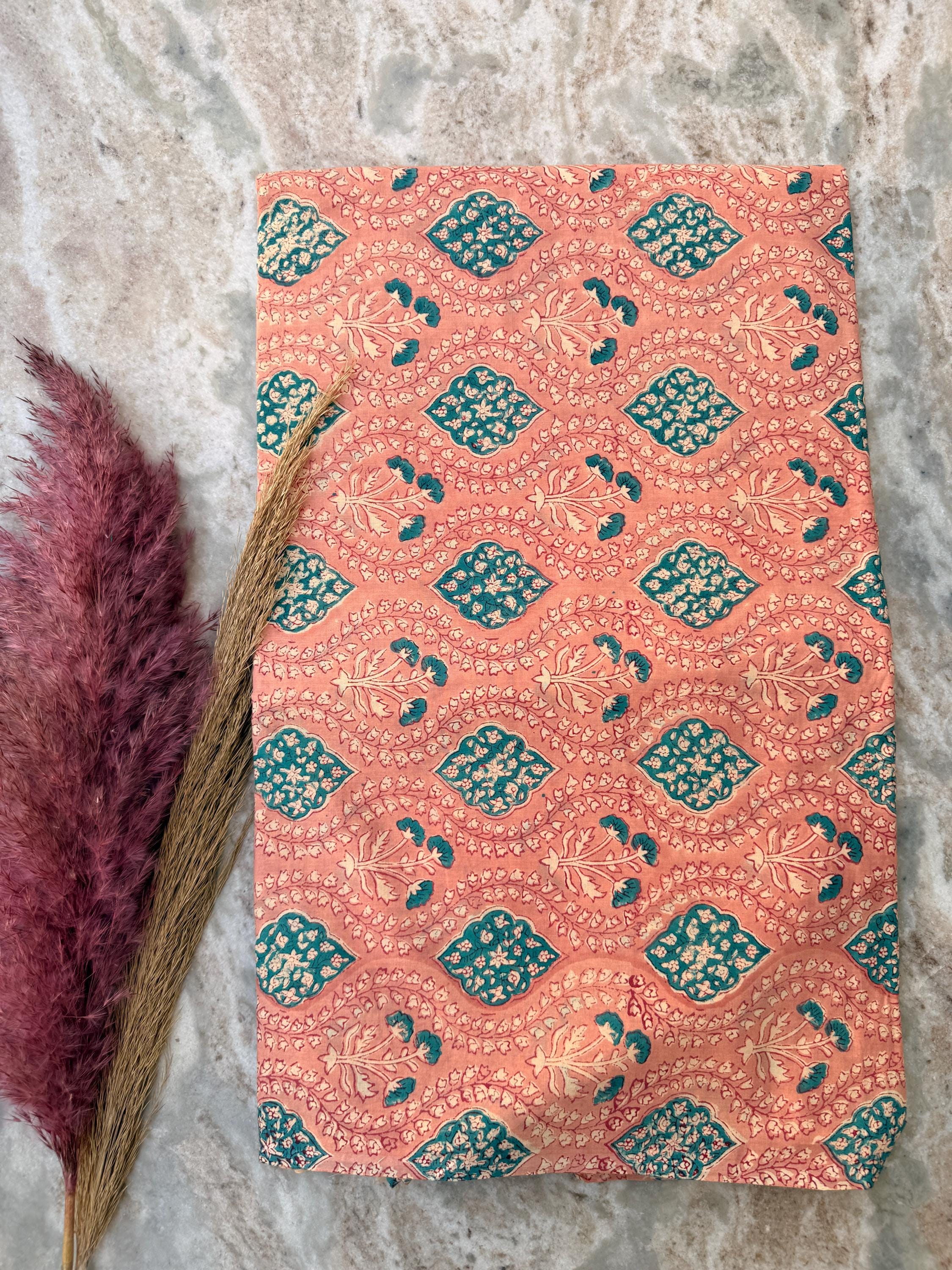 Hand Block Print Cotton Running Fabric, Natural Dye Fabric by the Yard, Handmade Indian Textile, Sewing Craft Fabric