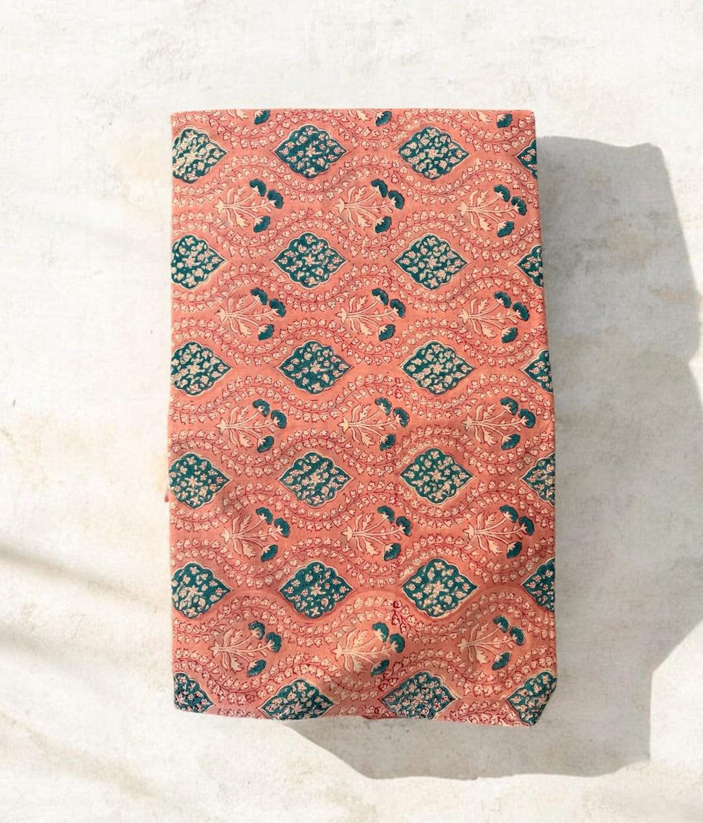 Hand Block Print Cotton Running Fabric, Natural Dye Fabric by the Yard, Handmade Indian Textile, Sewing Craft Fabric