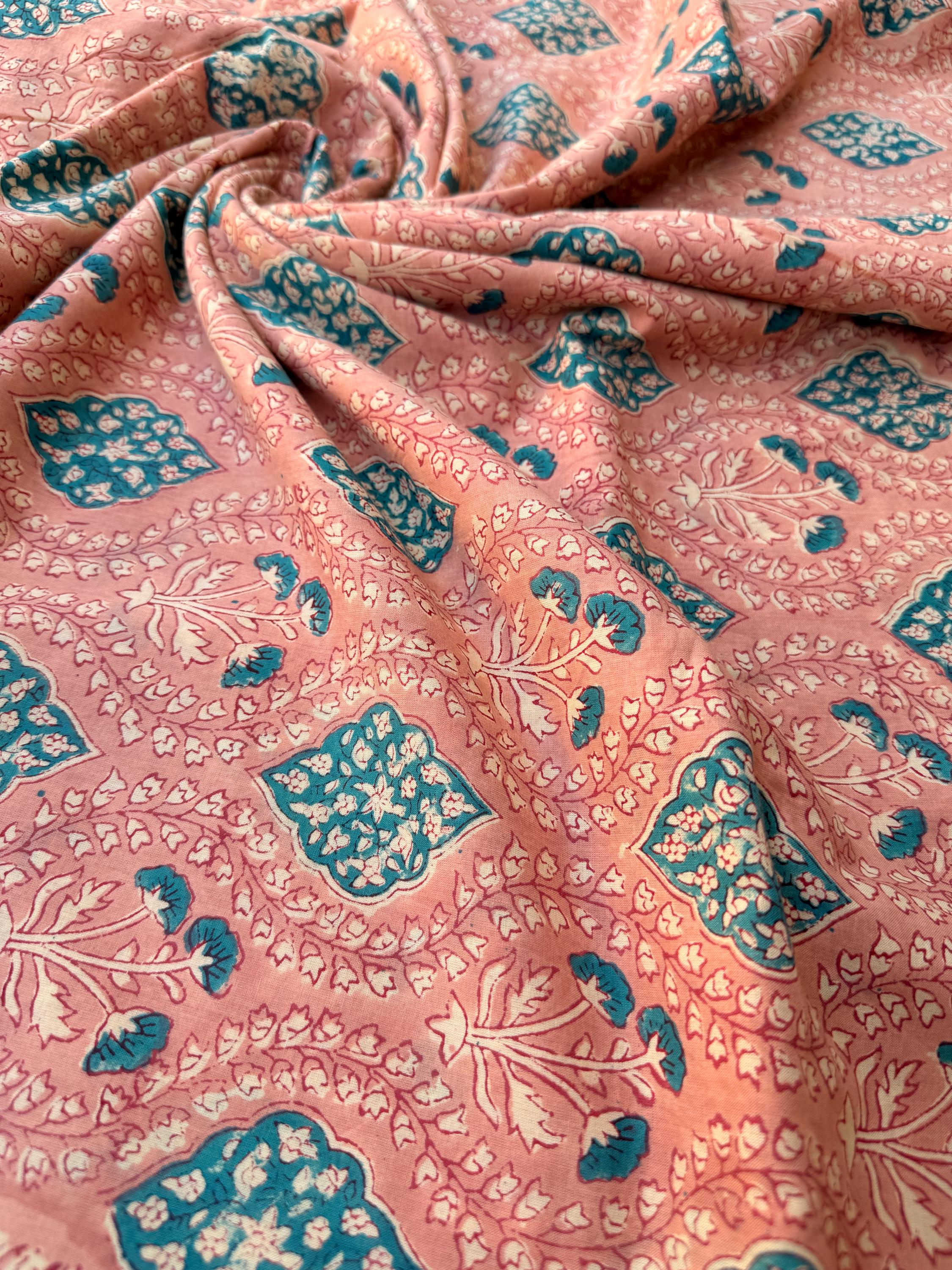 Hand Block Print Cotton Running Fabric, Natural Dye Fabric by the Yard, Handmade Indian Textile, Sewing Craft Fabric