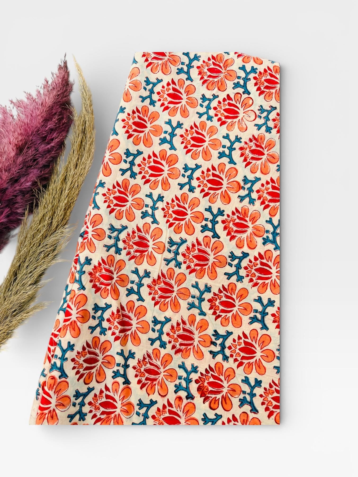 Hand Block Print Cotton Running Fabric, Natural Dye Fabric by the Yard, Handmade Indian Textile, Sewing Craft Fabric