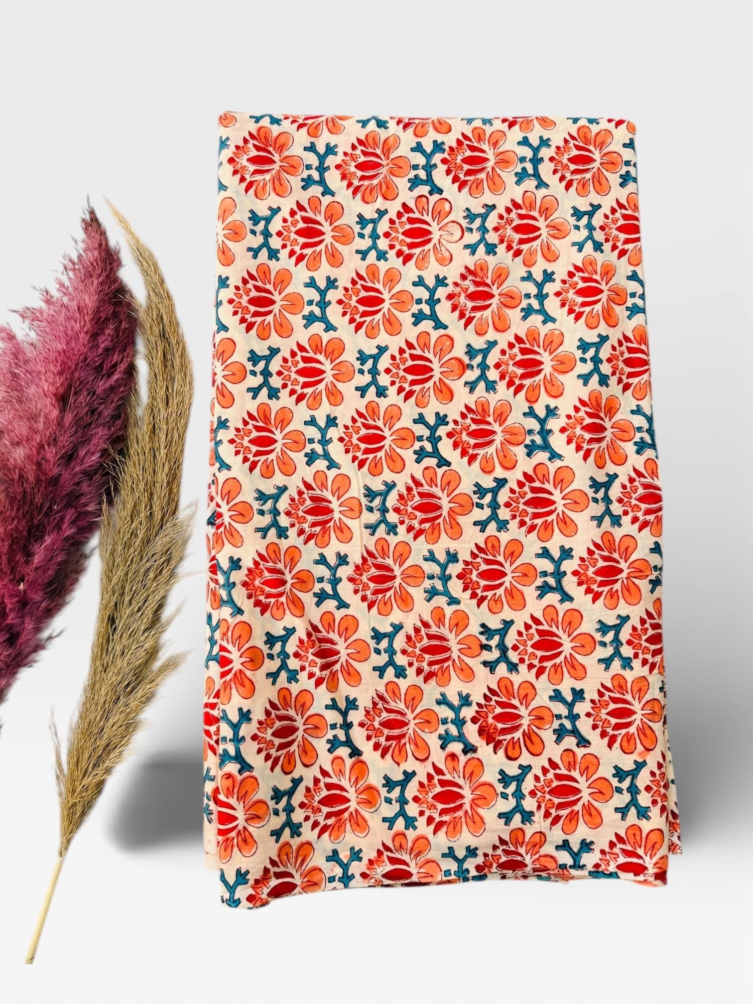 Hand Block Print Cotton Running Fabric, Natural Dye Fabric by the Yard, Handmade Indian Textile, Sewing Craft Fabric