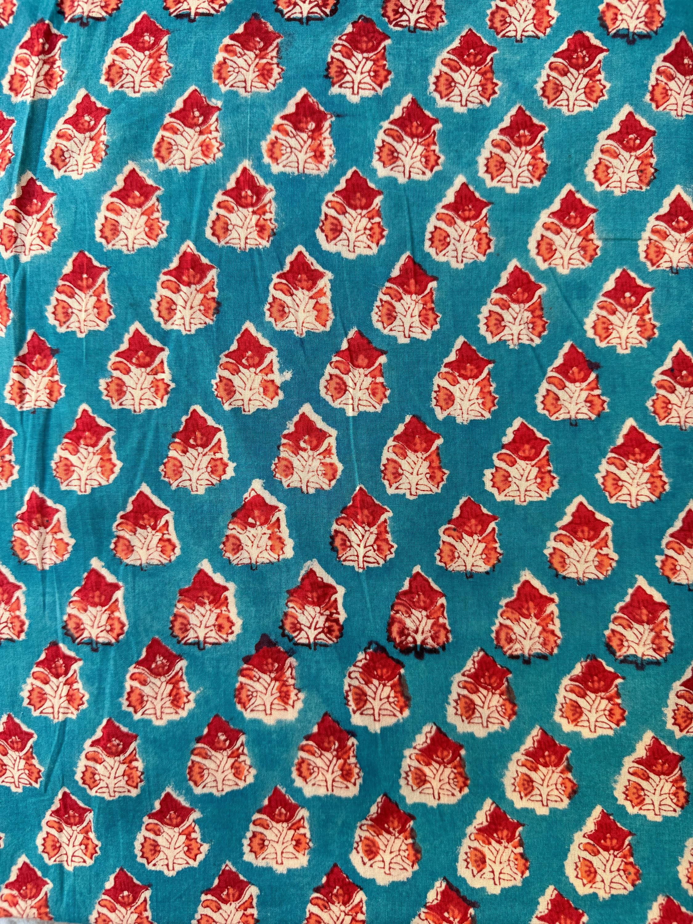 Hand Block Print Cotton Running Fabric, Natural Dye Fabric by the Yard, Handmade Indian Textile, Sewing Craft Fabric