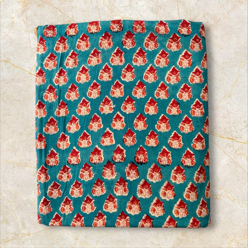Hand Block Print Cotton Running Fabric, Natural Dye Fabric by the Yard, Handmade Indian Textile, Sewing Craft Fabric
