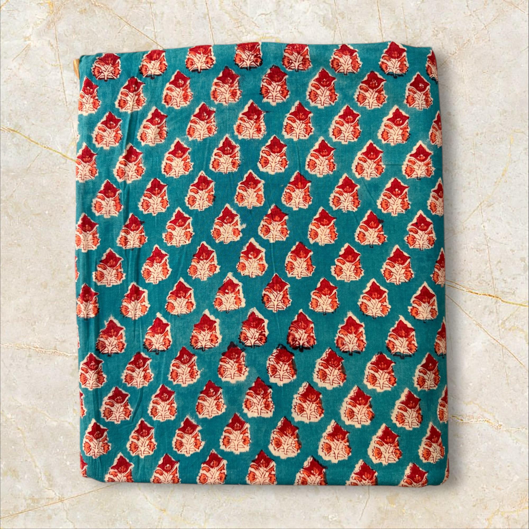 Hand Block Print Cotton Running Fabric, Natural Dye Fabric by the Yard, Handmade Indian Textile, Sewing Craft Fabric