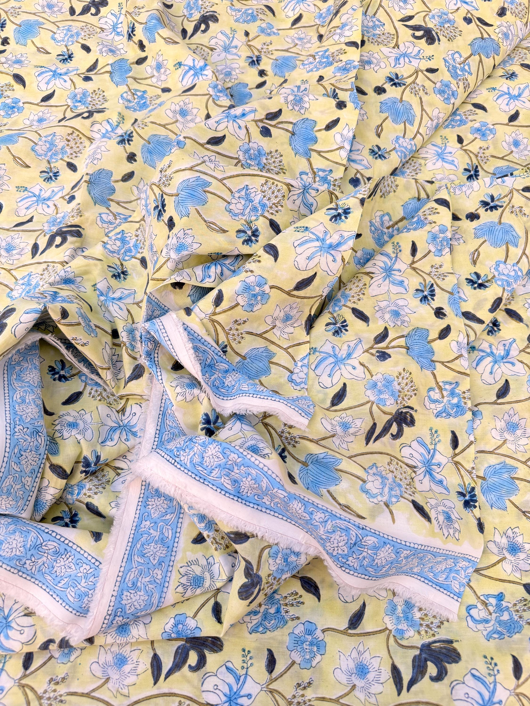 Hand Block Print Cotton Running Fabric, Natural Dye Fabric by the Yard, Handmade Indian Textile, Sewing Craft Fabric