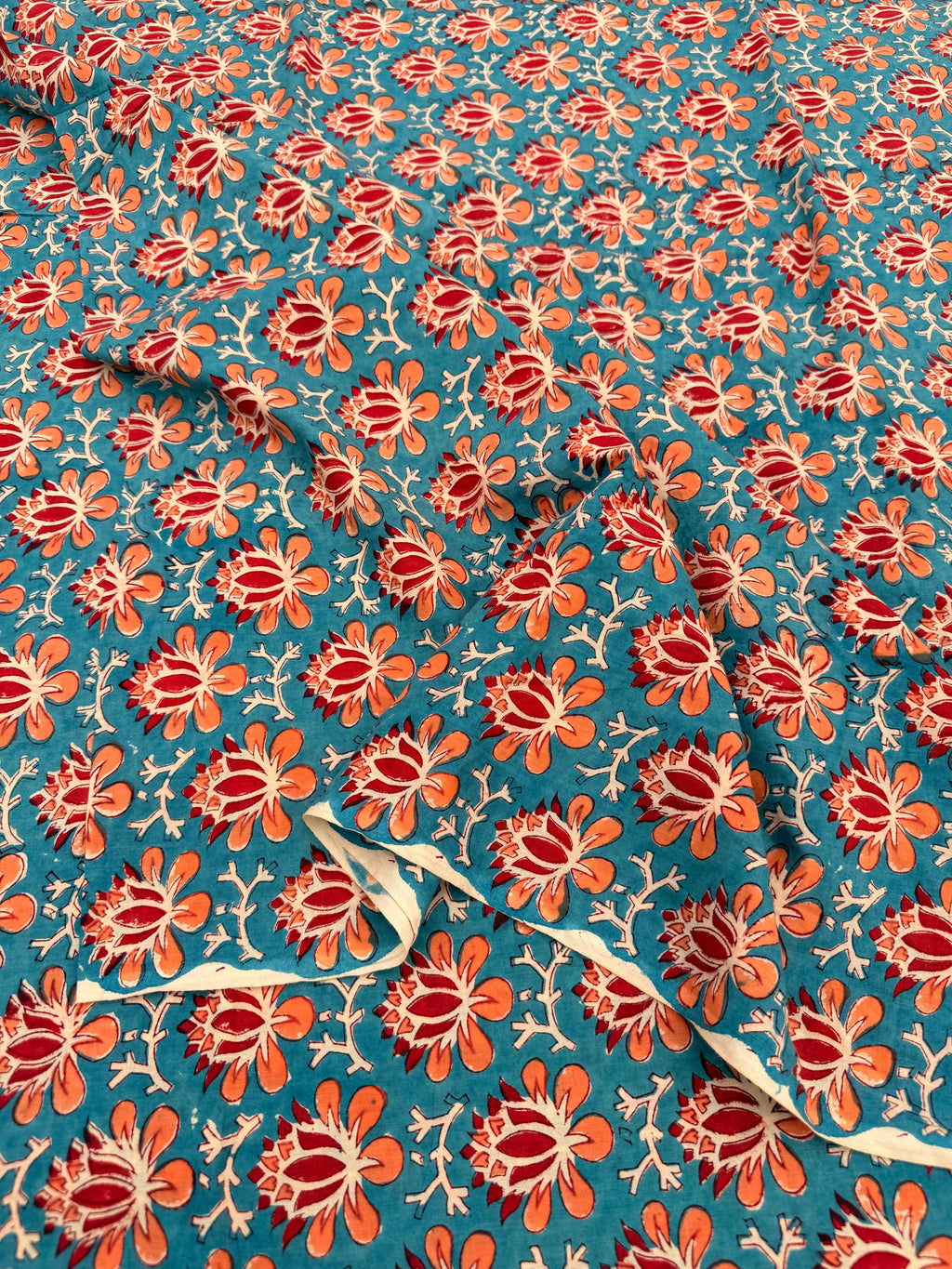Hand Block Print Cotton Running Fabric, Natural Dye Fabric by the Yard, Handmade Indian Textile, Sewing Craft Fabric