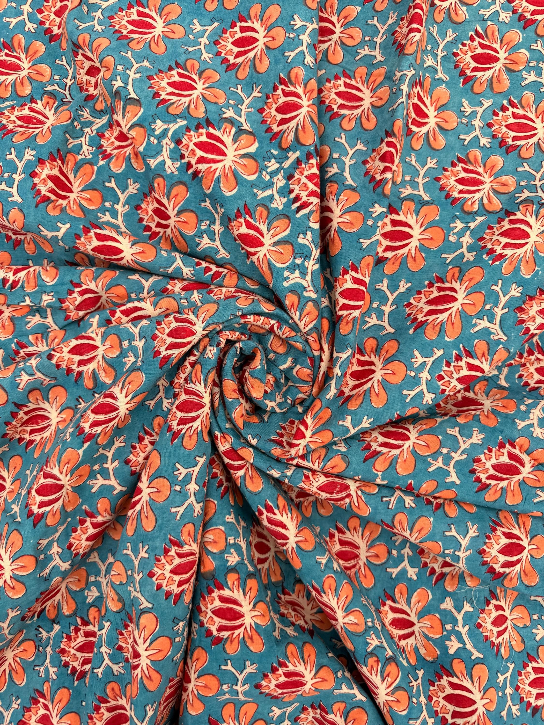 Hand Block Print Cotton Running Fabric, Natural Dye Fabric by the Yard, Handmade Indian Textile, Sewing Craft Fabric
