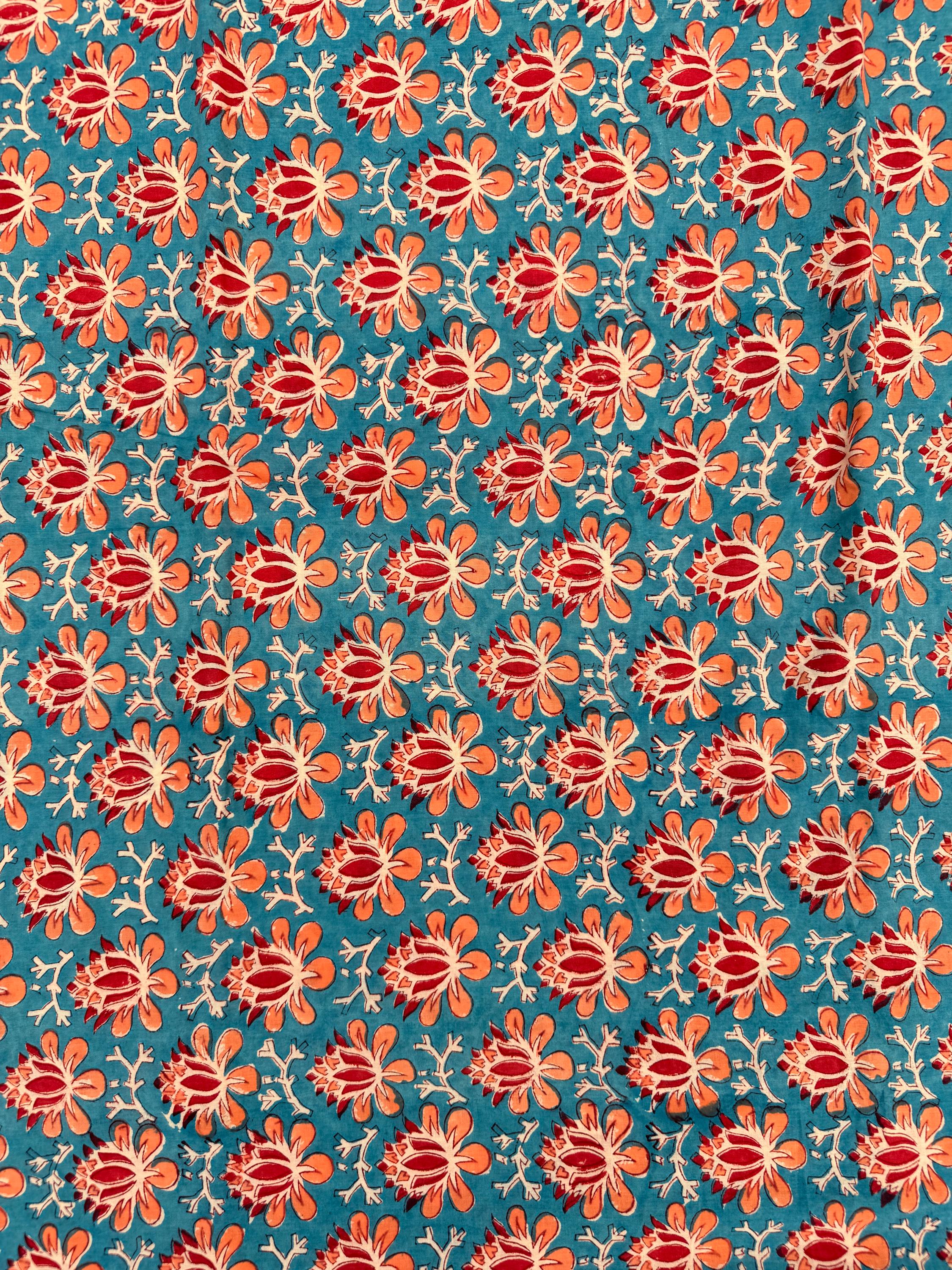 Hand Block Print Cotton Running Fabric, Natural Dye Fabric by the Yard, Handmade Indian Textile, Sewing Craft Fabric