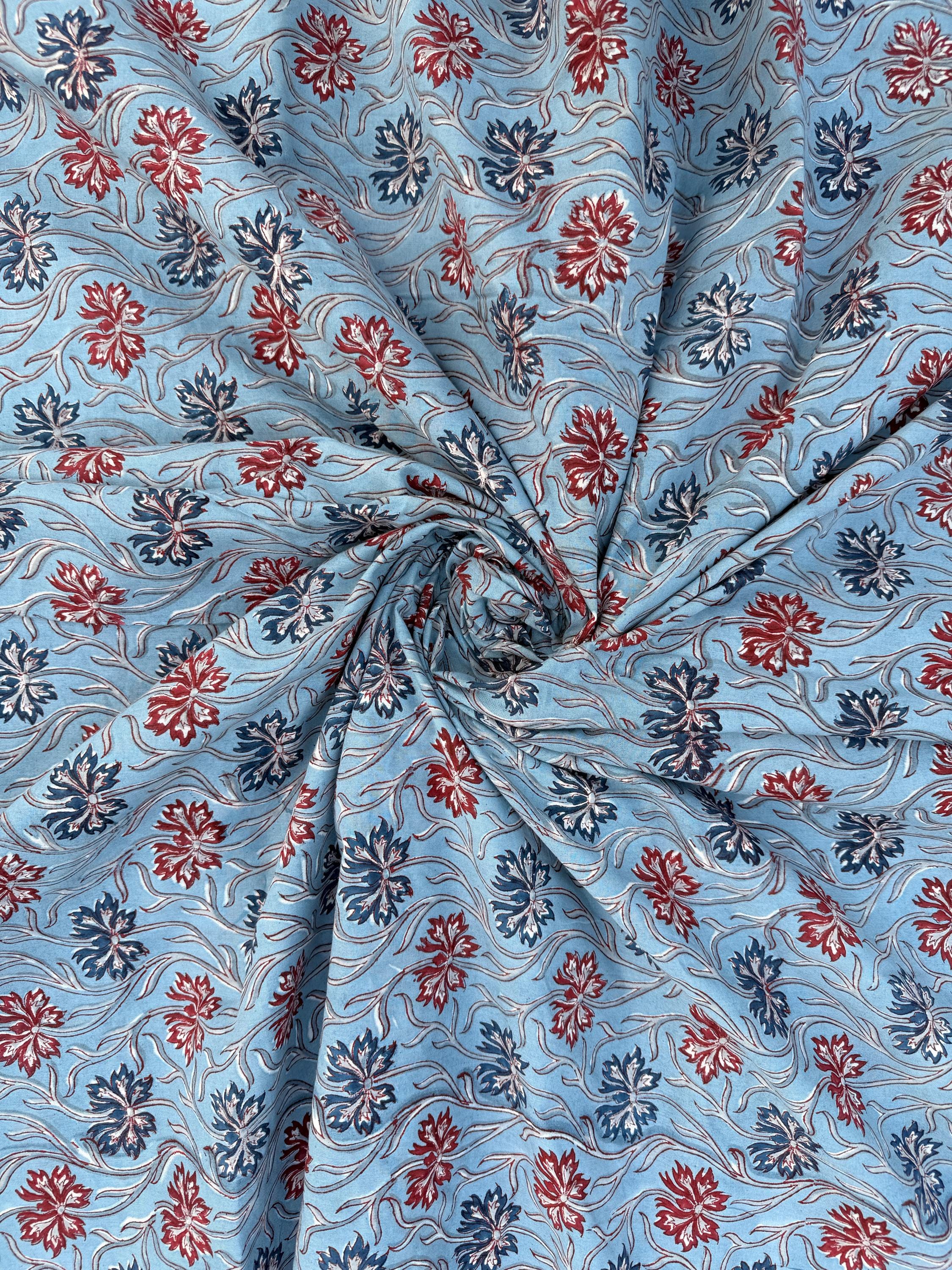 Hand Block Print Cotton Running Fabric, Natural Dye Fabric by the Yard, Handmade Indian Textile, Sewing Craft Fabric