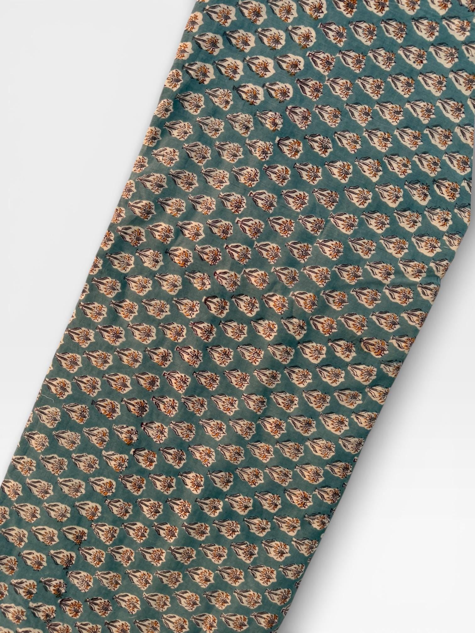 Hand Block Print Cotton Fabric – Teal Blue Floral Buti Print Yardage | Indian Cotton Dressmaking Fabric | Boho Craft & Quilting Fabric