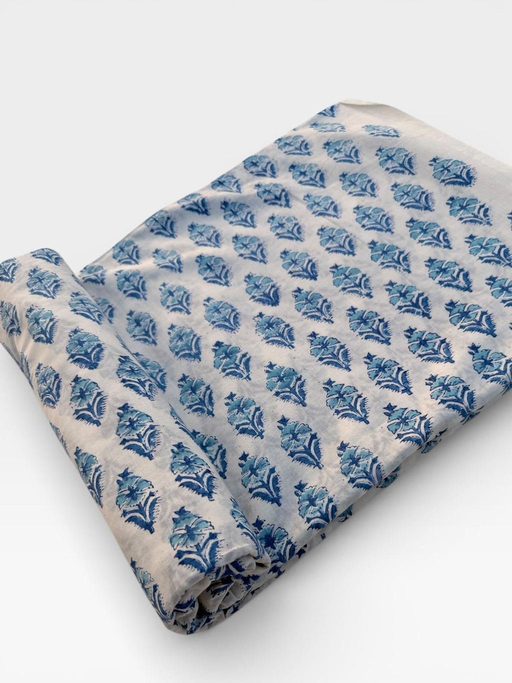Hand Block Print Cotton Fabric – Blue Floral Buta on Off-White Base | Indian Cotton Dressmaking Fabric | Boho Sewing & Craft Yardage