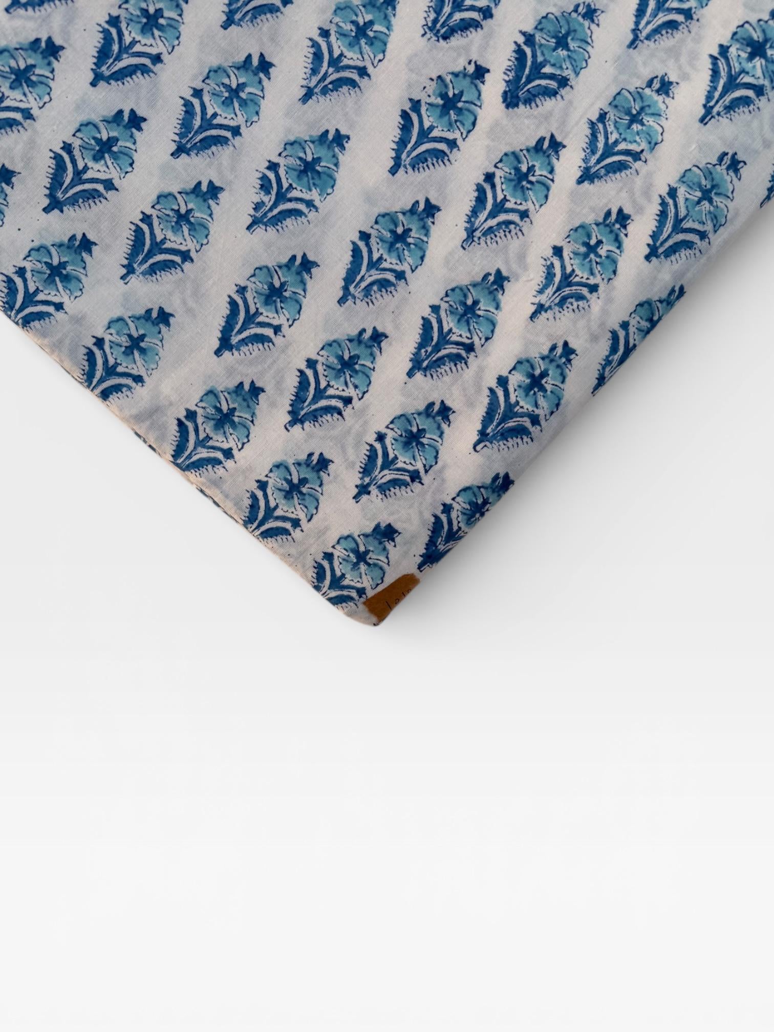 Hand Block Print Cotton Fabric – Blue Floral Buta on Off-White Base | Indian Cotton Dressmaking Fabric | Boho Sewing & Craft Yardage