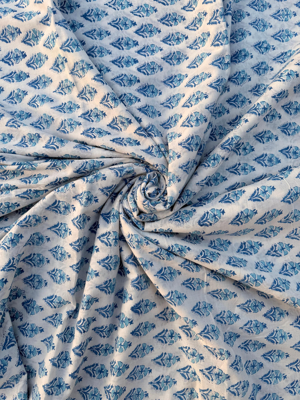Hand Block Print Cotton Fabric – Blue Floral Buta on Off-White Base | Indian Cotton Dressmaking Fabric | Boho Sewing & Craft Yardage
