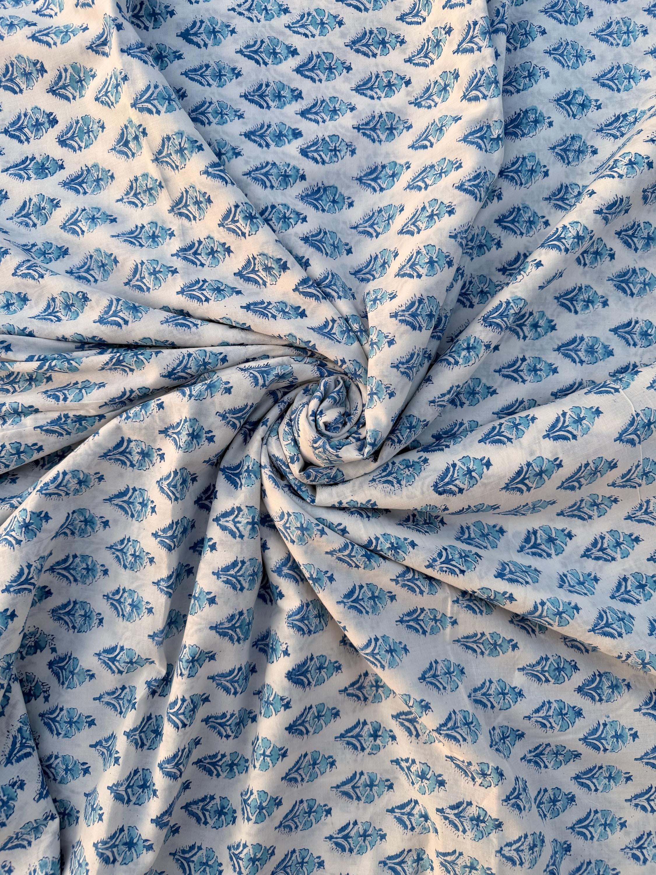 Hand Block Print Cotton Fabric – Blue Floral Buta on Off-White Base | Indian Cotton Dressmaking Fabric | Boho Sewing & Craft Yardage