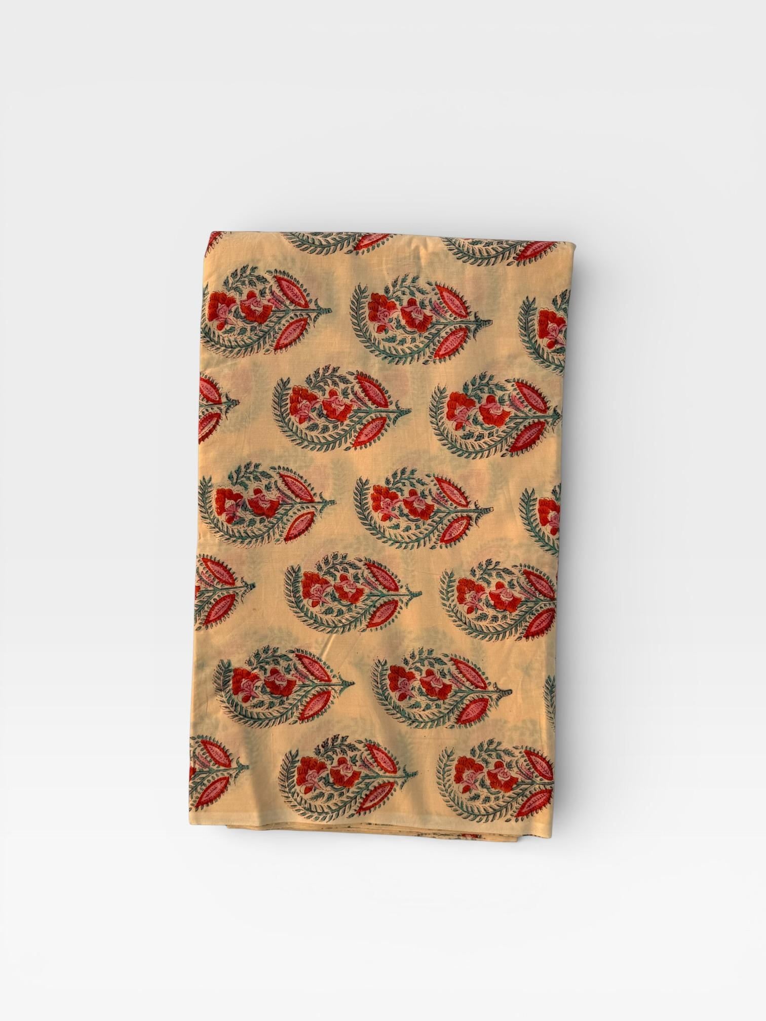 Hand Block Print Dyed Cotton Fabric – Red & Teal Paisley Floral on Cream Base | Indian Buta Print Dressmaking Fabric | Boho Sewing Yardage