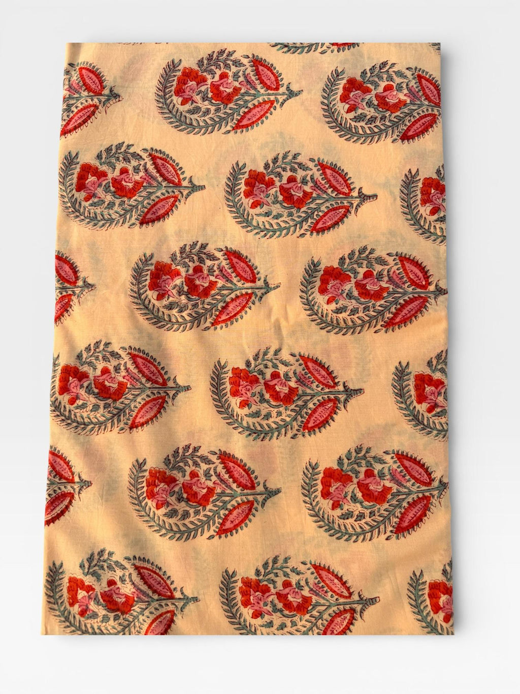 Hand Block Print Dyed Cotton Fabric – Red & Teal Paisley Floral on Cream Base | Indian Buta Print Dressmaking Fabric | Boho Sewing Yardage