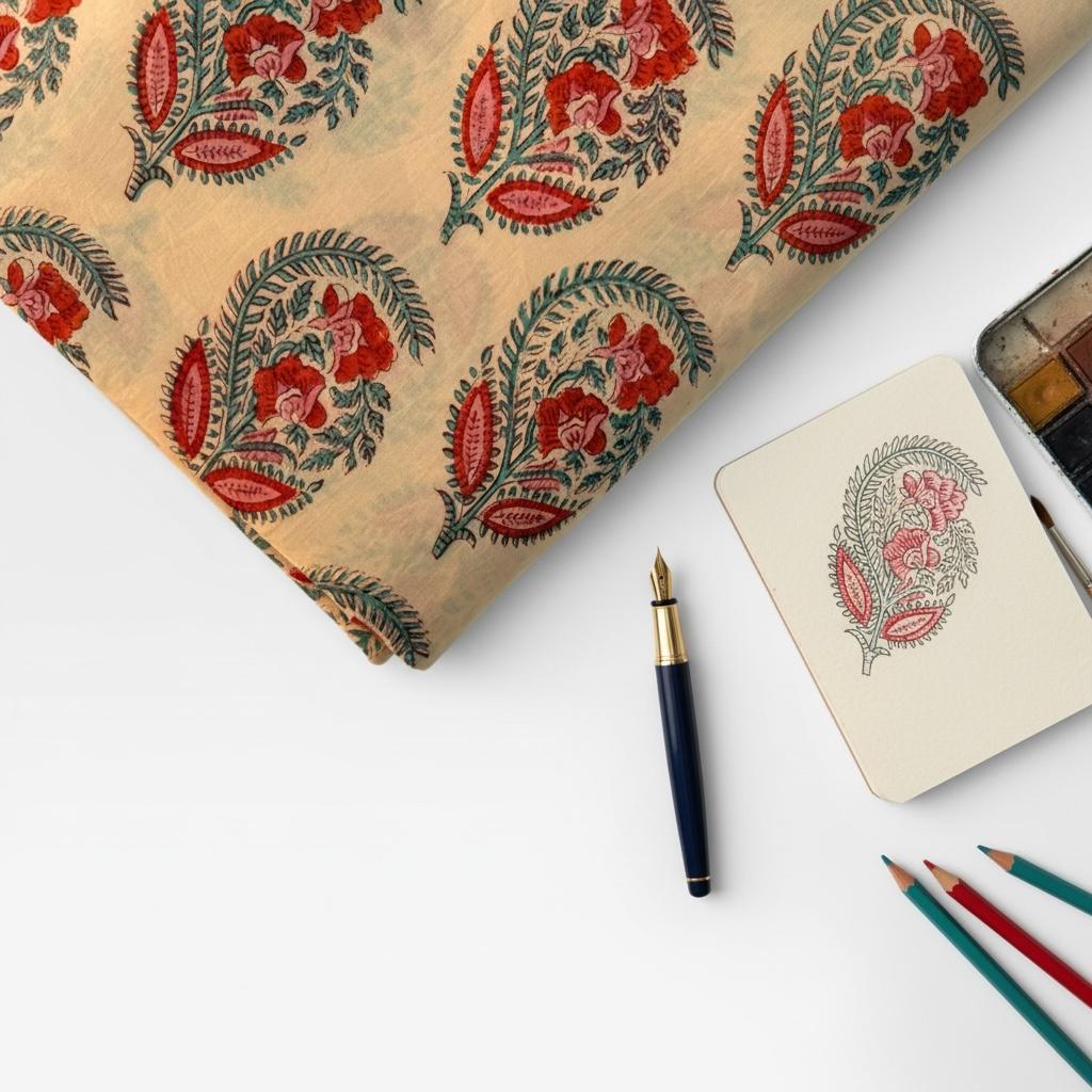 Hand Block Print Dyed Cotton Fabric – Red & Teal Paisley Floral on Cream Base | Indian Buta Print Dressmaking Fabric | Boho Sewing Yardage