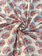 Hand Block Print Dyed Cotton Fabric – Red & Teal Paisley Floral on Cream Base | Indian Buta Print Dressmaking Fabric | Boho Sewing Yardage