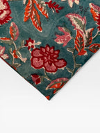 Hand Block Print Dyed Cotton Fabric – Vintage Red Floral on Slate Blue Base | Indian Floral Yardage | Boho Dressmaking & Home Décor Fabric