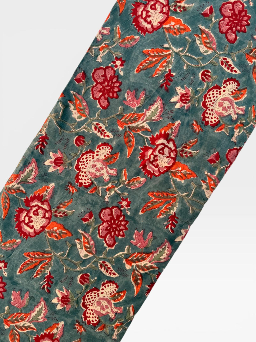 Hand Block Print Dyed Cotton Fabric – Vintage Red Floral on Slate Blue Base | Indian Floral Yardage | Boho Dressmaking & Home Décor Fabric