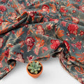 Hand Block Print Dyed Cotton Fabric – Vintage Red Floral on Slate Blue Base | Indian Floral Yardage | Boho Dressmaking & Home Décor Fabric