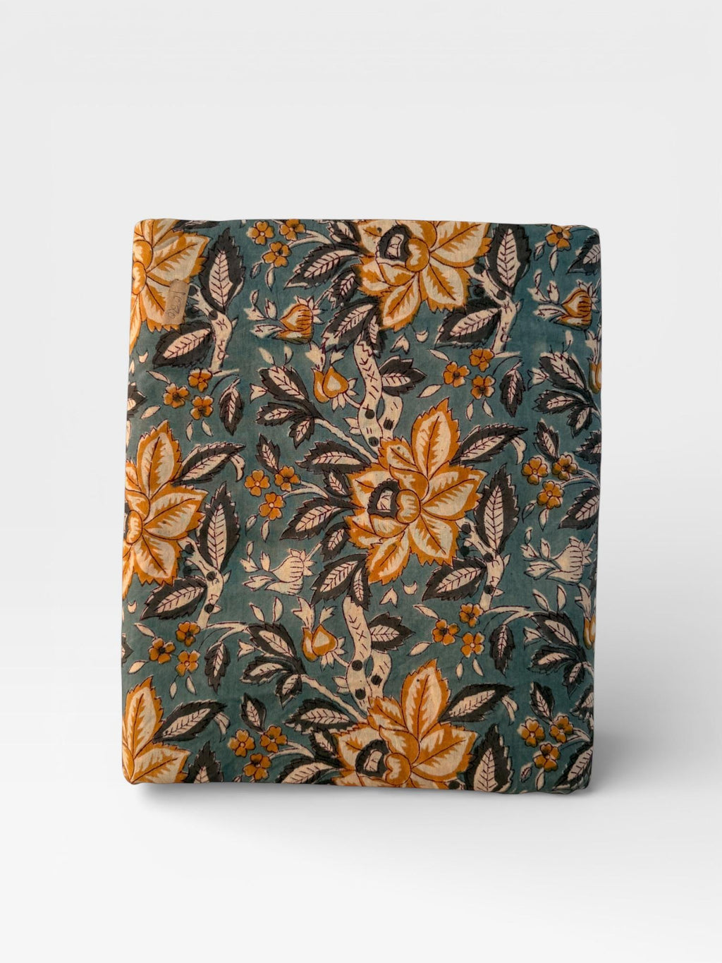 Hand Block Print Cotton Fabric – Mustard Yellow Floral on Teal Blue Base | Indian Botanical Print Yardage | Boho Dressmaking Fabric