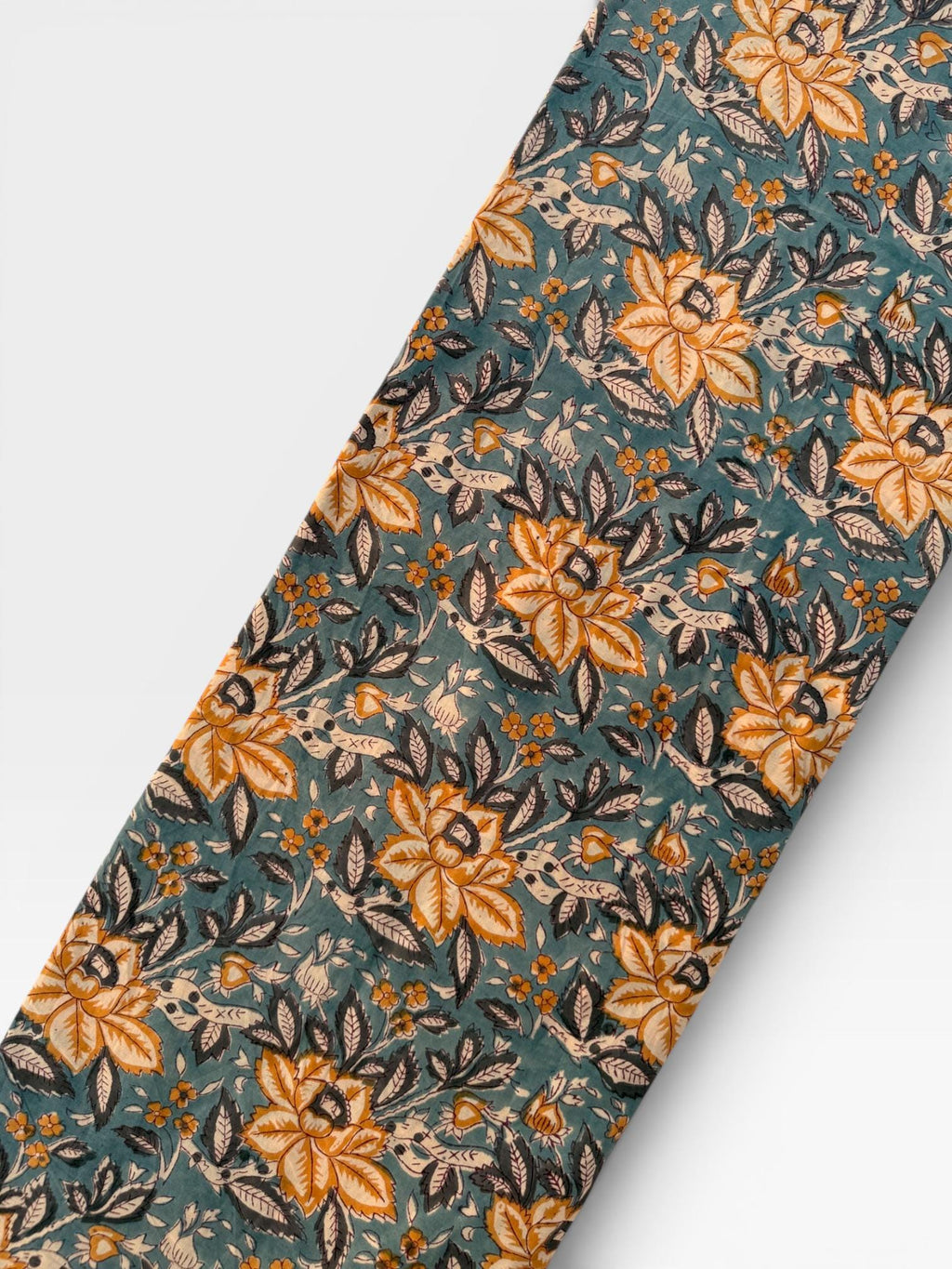 Hand Block Print Cotton Fabric – Mustard Yellow Floral on Teal Blue Base | Indian Botanical Print Yardage | Boho Dressmaking Fabric