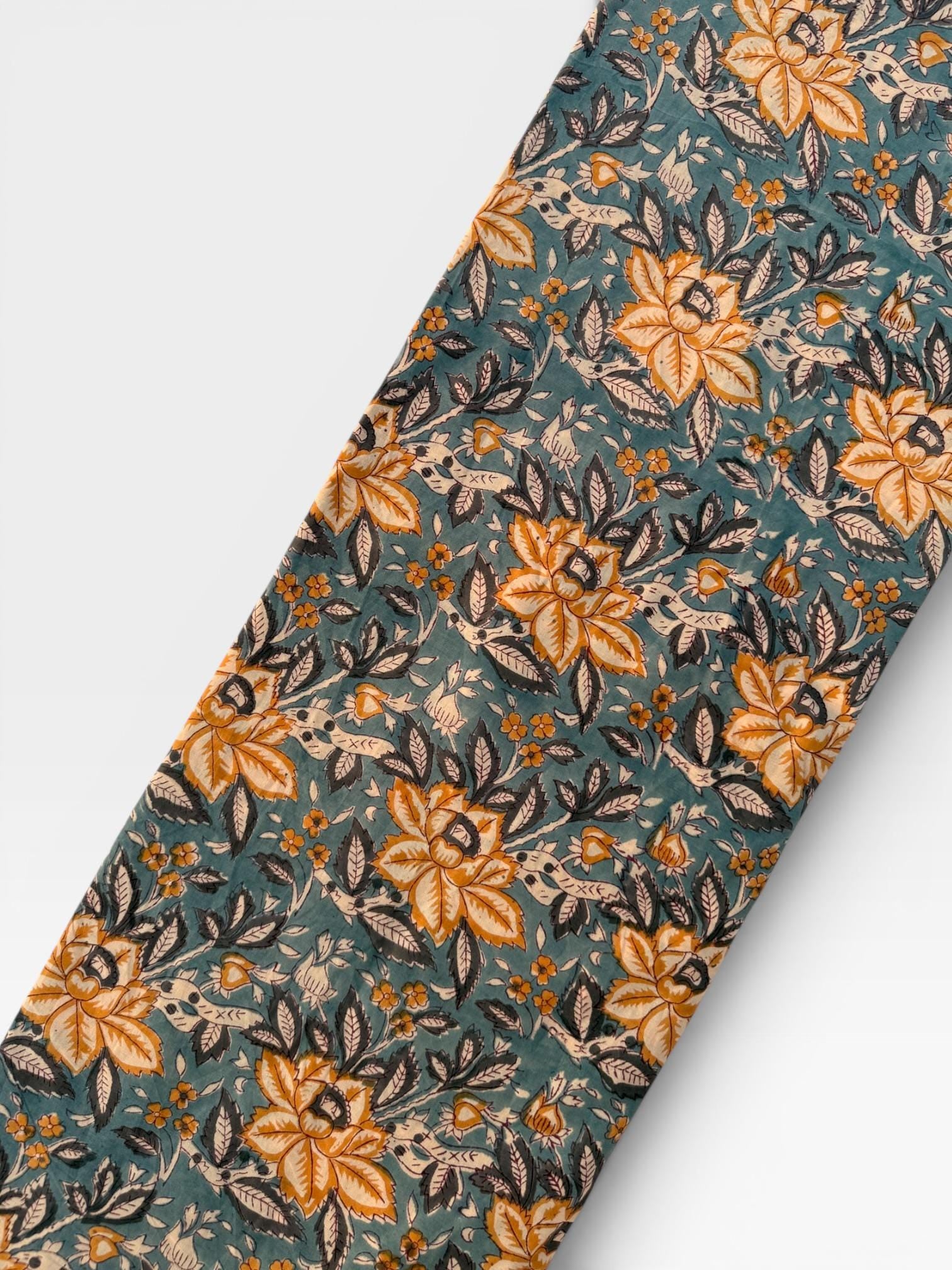 Hand Block Print Cotton Fabric – Mustard Yellow Floral on Teal Blue Base | Indian Botanical Print Yardage | Boho Dressmaking Fabric