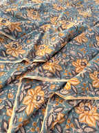Hand Block Print Cotton Fabric – Mustard Yellow Floral on Teal Blue Base | Indian Botanical Print Yardage | Boho Dressmaking Fabric