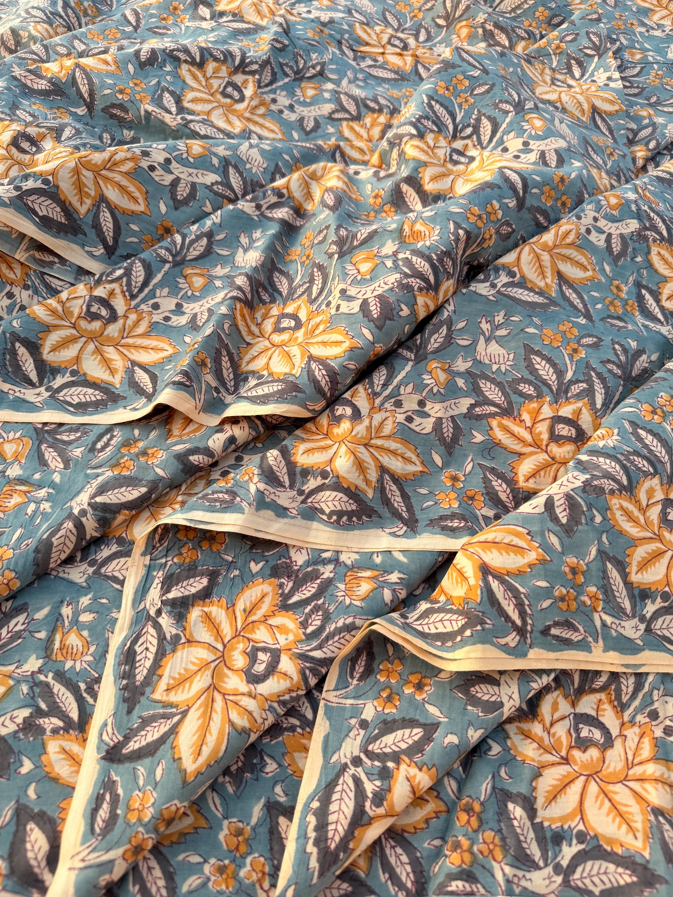 Hand Block Print Cotton Fabric – Mustard Yellow Floral on Teal Blue Base | Indian Botanical Print Yardage | Boho Dressmaking Fabric
