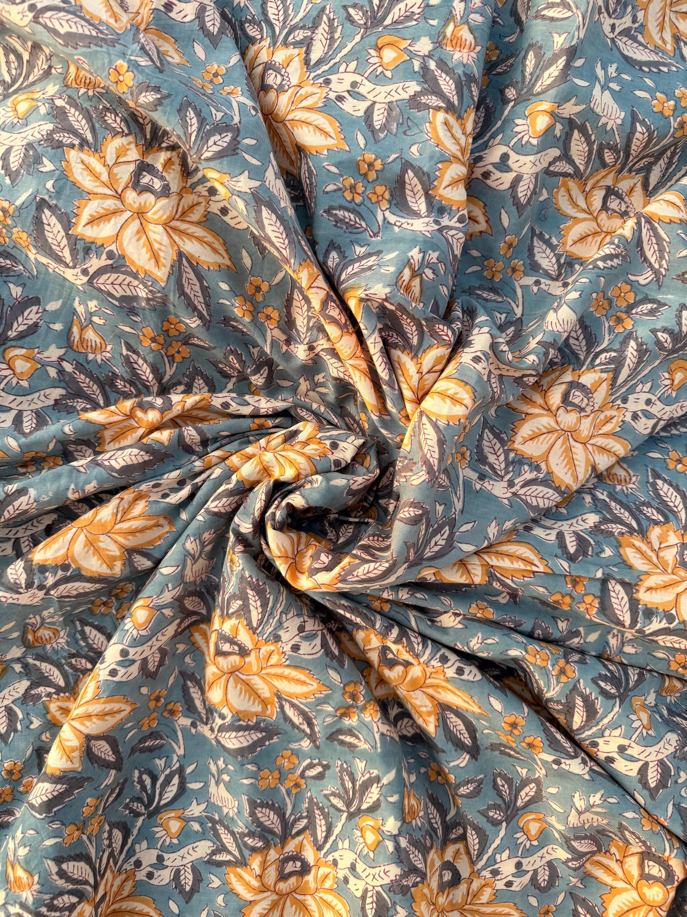 Hand Block Print Cotton Fabric – Mustard Yellow Floral on Teal Blue Base | Indian Botanical Print Yardage | Boho Dressmaking Fabric