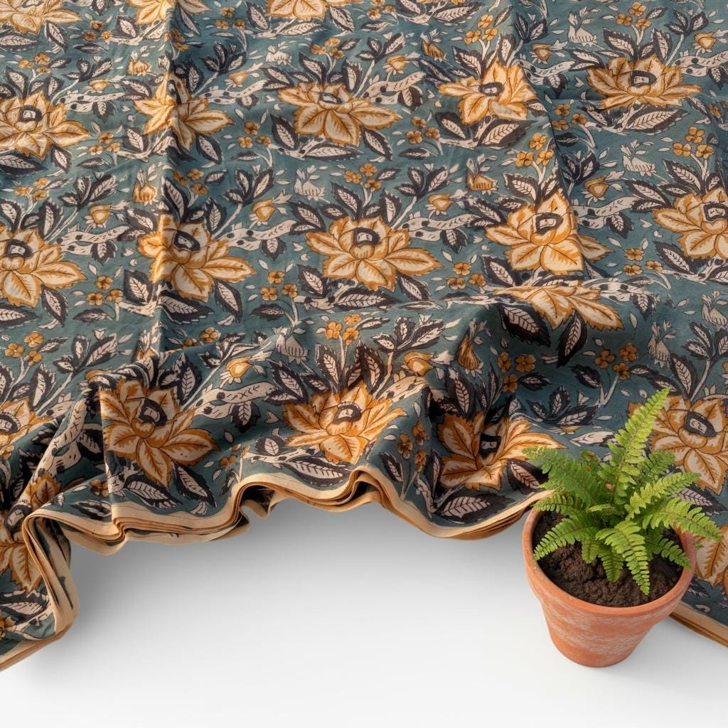 Hand Block Print Cotton Fabric – Mustard Yellow Floral on Teal Blue Base | Indian Botanical Print Yardage | Boho Dressmaking Fabric