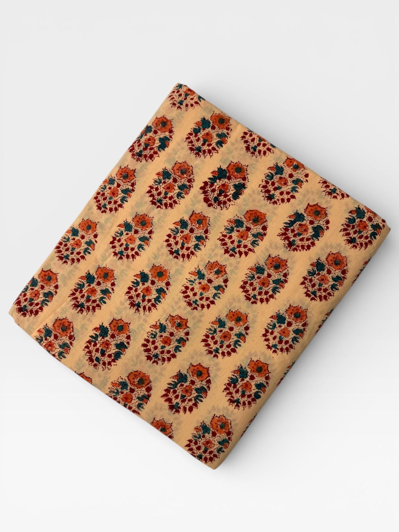 Hand Block Print Cotton Running Fabric, Natural Dye Fabric by the Yard, Handmade Indian Textile, Sewing Craft Fabric