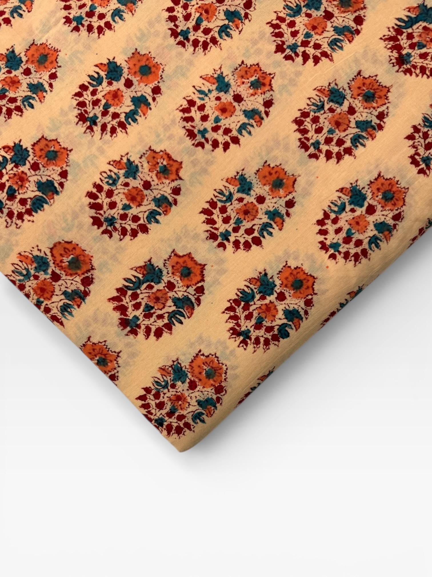 Hand Block Print Cotton Running Fabric, Natural Dye Fabric by the Yard, Handmade Indian Textile, Sewing Craft Fabric