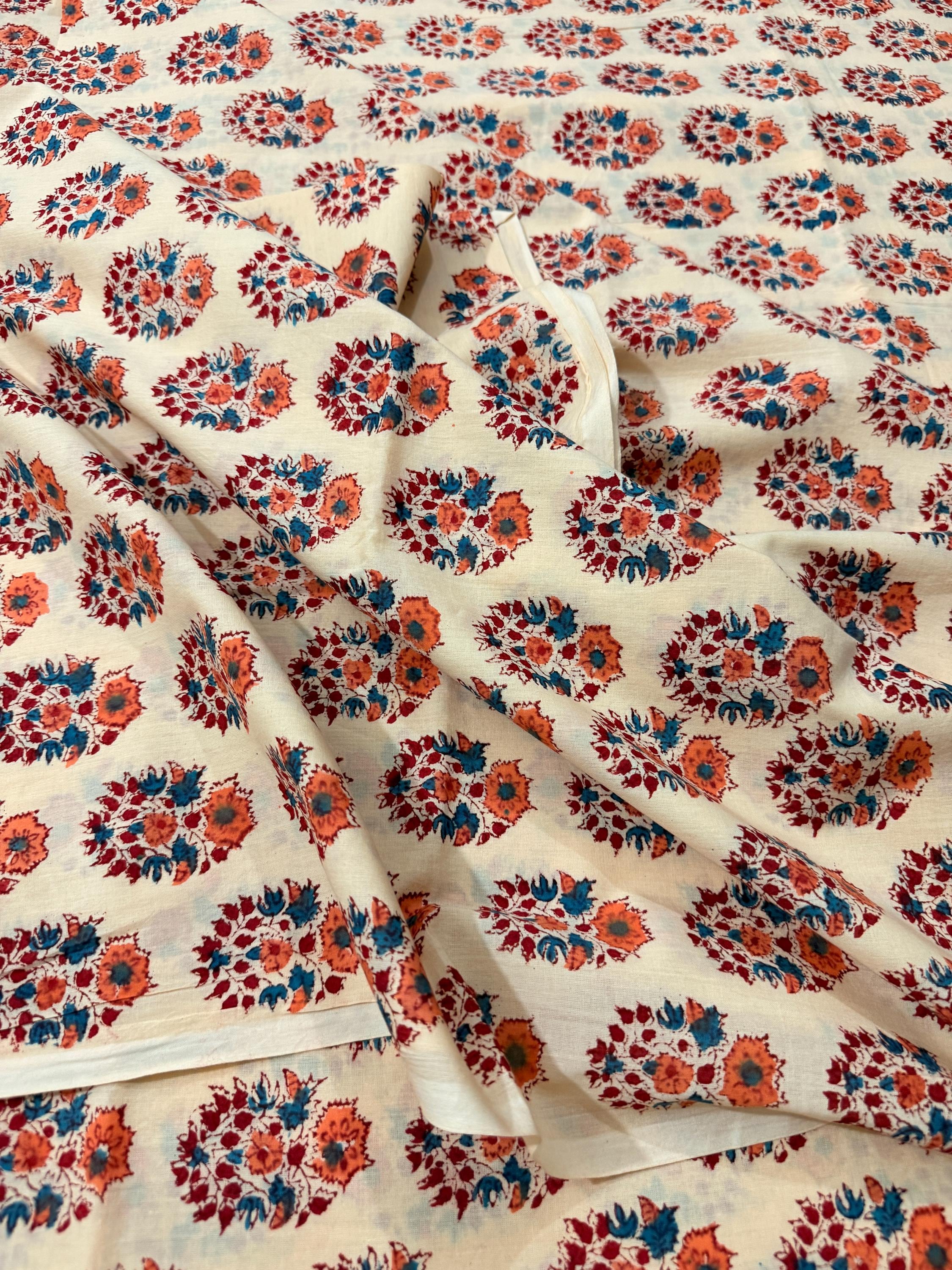 Hand Block Print Cotton Running Fabric, Natural Dye Fabric by the Yard, Handmade Indian Textile, Sewing Craft Fabric